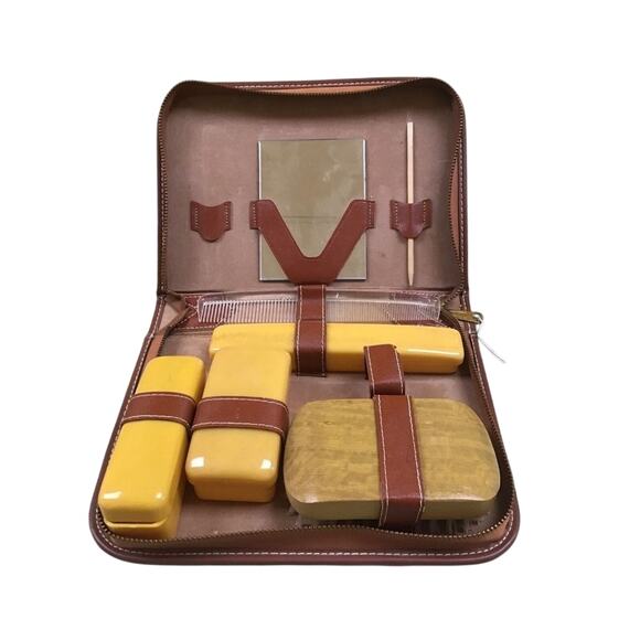 Mid Century Leather Travel Toiletry Case w/ Brush Comb Mirror Grooming Kit - Picture 1 of 9